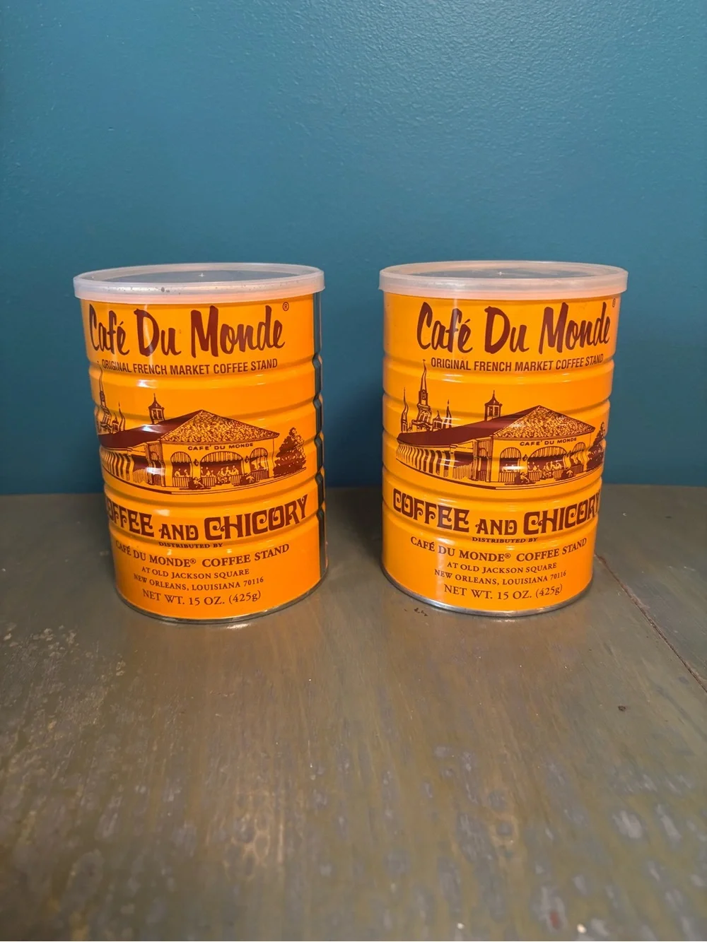 2 Empty Café Du Monde Coffee and Chicory Tins